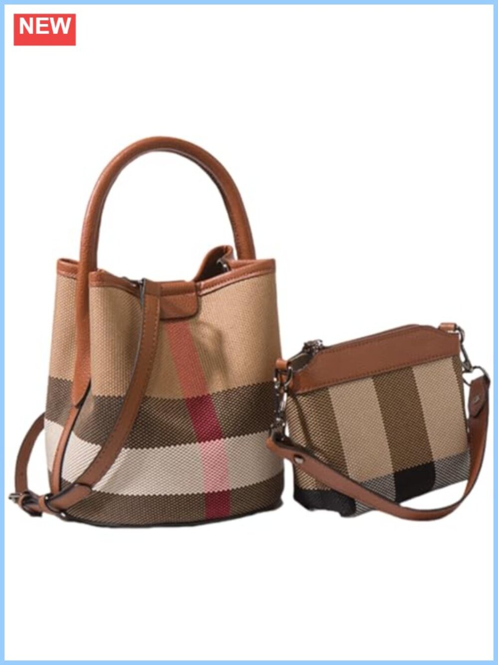 Plaid Bucket Tote Bag with Top Handle and Adjustable Shoulder Strap